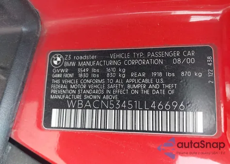 2001 BMW Z3 3.0I z USA, uszkodzony, nr VIN WBACN53451LL46696